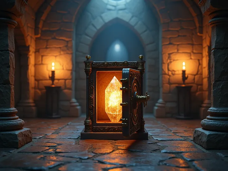 A medieval safe in the center of an ancient medieval room lit by torches on top of an altar, without any people, this open safe with a luminous and shining crystal inside it