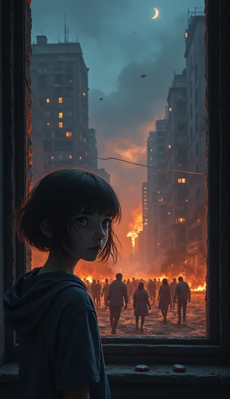 On an apocalyptic night, a destroyed city, on fire, a young girl with short hair reaching to her neck, big blue eyes, is with a group of survivors taking refuge in a building, through the window of the building, you can see a horde of infected zombies walk...