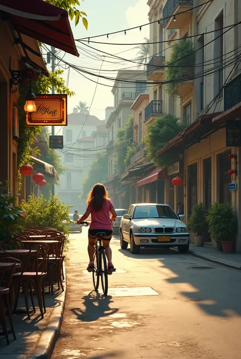  Image of a café ,  of a humid street ,  of buildings ,  of a busy street ,  of a beautiful girl riding a bike, Of a car ,  of a reflection of light on the ground , Nostalgic , high quality , Very detailed,