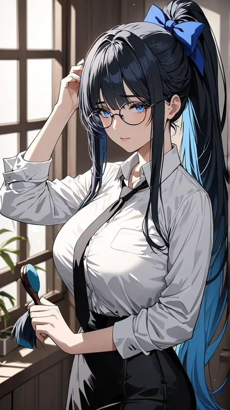 (High quality, 8ก, 4K, high contrast, Masterpiece:1.2, 最High quality, The best aesthetics ), beauty, very detailed, Sexy and erotic girls, (large breasts, long black hair , High ponytail , I have a lifted forehead. , Brush your hair over one eye. , Blue ha...