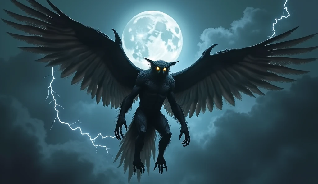 A mythical strix depicted as a hybrid between a human and a bird of prey. The creature has piercing, glowing eyes, sharp talons, and massive feathered wings. It is flying in a dark, stormy sky under a full moon, exuding an aura of menace and mysticism. The...