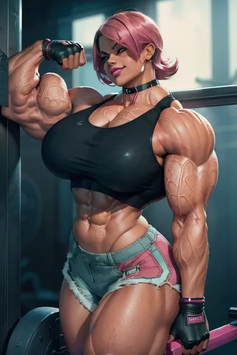 ((Close-up)), tall, (shocking pink hair) beautiful muscular woman, angled bob hair, brown skinned, sweaty, closed smile, large breast, (black lipstick), (massive muscles), (hyper muscle), (((ginormous bulky muscles))), red eyes, ((((sports bra)))), ((((dol...