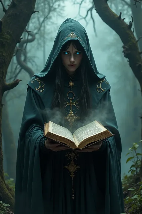 Create an image of a witch reading a book in a horror forest