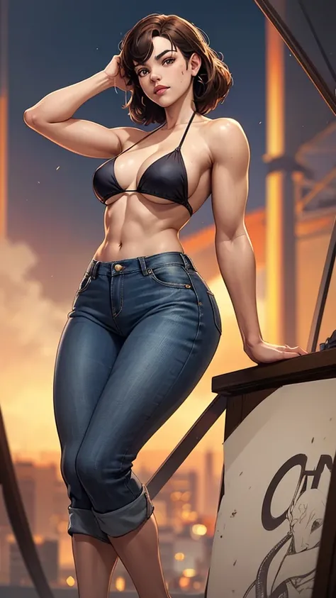 a woman in a bikini top and jeans posing for a picture, extremely detailed artgerm, style artgerm, artgerm. anime illustration, ig model | artgerm, krenz cushart and artgerm, artgerm style, like artgerm, artgerm. high detail, style of artgerm, artgerm 4 k