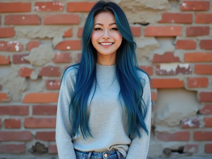 A realistic full-body photo of a young Asian woman with fair skin and long, straight blue hair, standing in front of a weathered exposed brick wall. She is casually dressed in a simple, fitted sweater and jeans, with a bright, genuine smile on her face, ra...