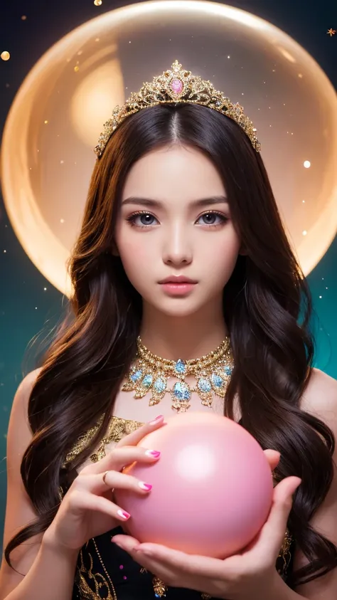  a sparkling young woman adorned with various jewels,  holding a huge crystal ball in the center with both hands ,   staring straight at the camera , Very light color in the center, Light Particles, Shine, trouble, Wallpaper Art, UHD wallpaper,  background...