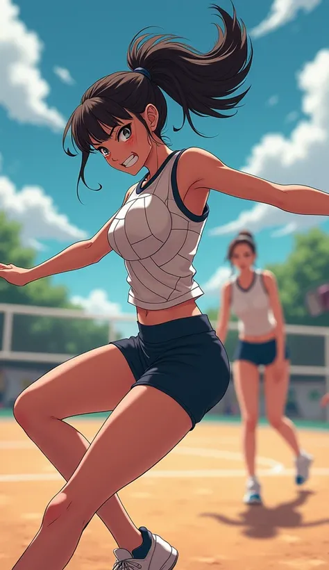 girl, 30 years, light skin, angry expression, Side view, anime, ,  glued volleyball clothing, short volleyball shorts , confrontation, jumping, volleyball court