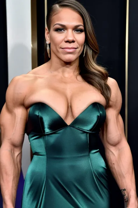  Amanda Nunes, Cris Cyborg,Huge breasts,  a heavily muscled iffb pro female bodybuilder. RAW, d41z13, perfect face, stunning eyes,  extremely tight satin dress, tight dress clinging to her body, at the oscars, crowded event, people in the background, 8k uh...