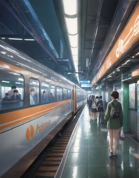  train is at , passengers get off ,  train station background ,  Seoul anime scene ,  anime landscape concept art ,  cyberpunk overground train ,  hyperdetailed scene , flatbed, Subway Station, by Kose Kanaoka, Makoto Shinkai. — h 2160 , style of Makoto Sh...