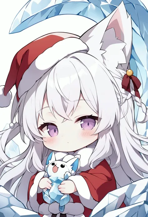 The Demon Foxs  : Long Hair,Santa Claus costume and hat ,White Fox Pet , The background is a shrine made of ice,Chibi character,anime,