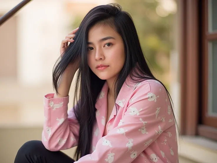 A young thai woman poses outside, and confidence. She is wearing sexy cosplay anime sexy full body,intricate cartoon patterns but no bra. . Her long black hair flows over introspective expression, creating a relaxed yet graceful pose. The background is sof...