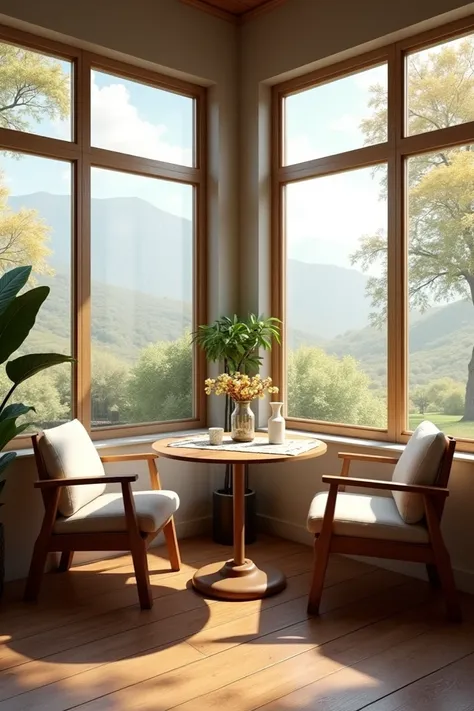 Corner table with chairs and big windows 