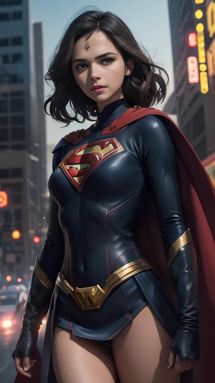 Arav woman in superhero costume standing on city street, Super Girl, Hero pose colorful city lights, gal gadot as Super Girl, emma watson as Super Girl, close up, anime visual of Super Girl, sydney sweeney, Corey Chase plays the Atlanteans, Maika Monroe Ba...