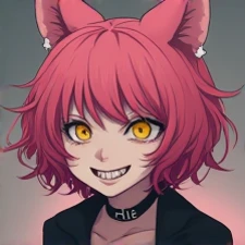 Right! Heres a detailed prompt that you can use to generate a similar image:

---

" An anime-style character with pink and curly hair and yellow eyes.  The character has a wide and unsettling smile ,  wearing a black outfit that reveals the neckline . Aro...