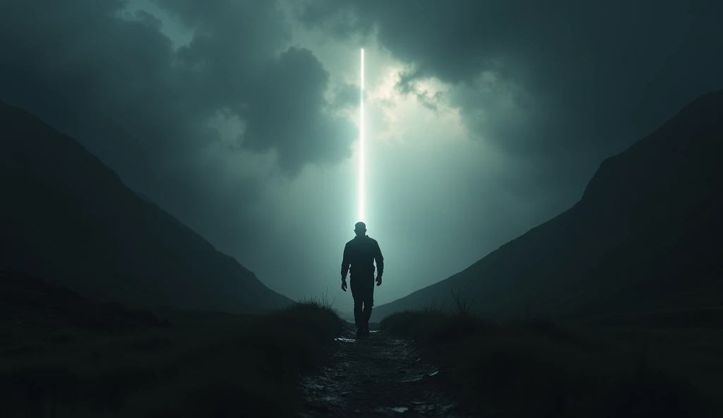 The man walking through a dark valley with ominous storm clouds, but a single powerful beam of light following his path, his expression determined, dramatic contrast between light and shadow, ultra-realistic photography --ar 16:9