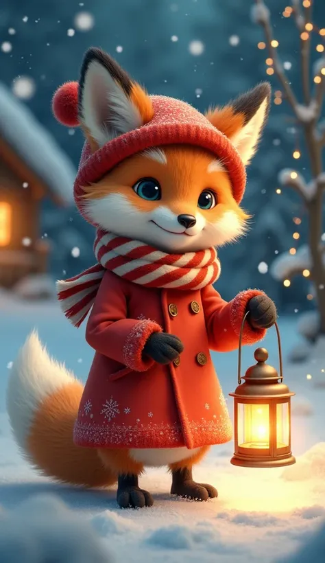 A charming scene featuring an adorable little fox wearing a cozy red coat and a matching red hat, complete with a warm scarf wrapped around its neck. The fox holds a glowing lantern in one paw, casting a soft, golden light that illuminates the surrounding ...