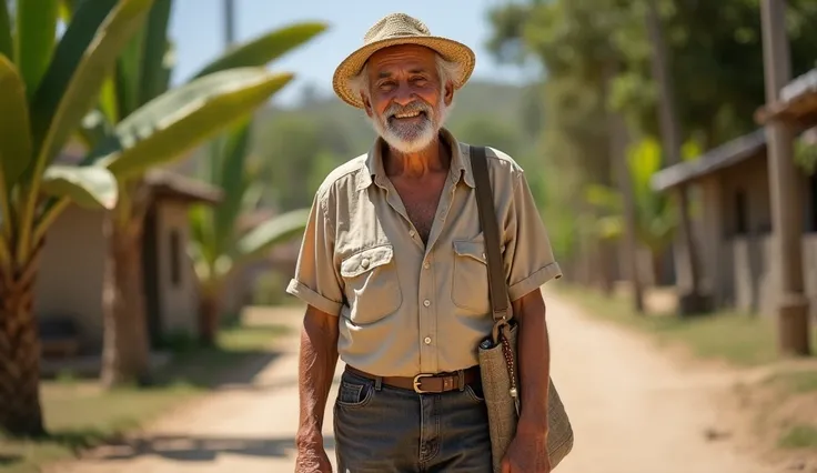 A 68-year-old man named José, with an oval face marked by deep wrinkles and sun-weathered skin. He has short, disheveled gray hair and kind light brown eyes. José is of medium height with a lean frame, wearing a simple beige cotton shirt, dark worn trouser...