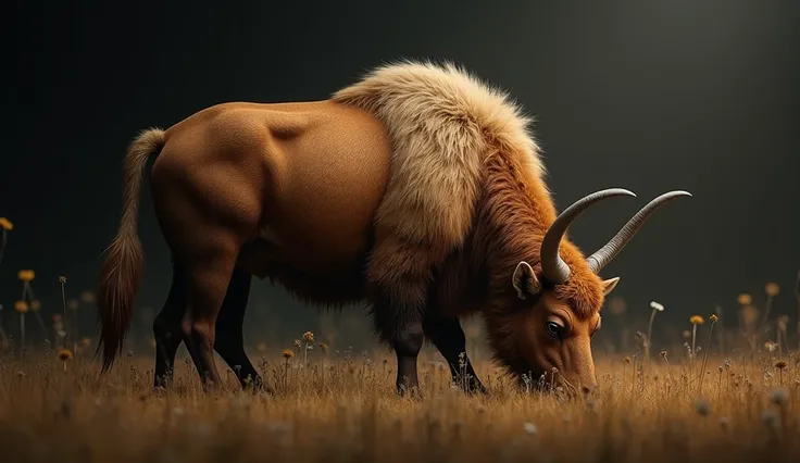  best quality,   masterpiece ,  highres icon,  Art based on the description of Beemote : A huge ,  with evident muscles and a tail like a cedar, grazing in a field . , photorealistic , dark studio, Rim Lighting,  Two-tone lighting ,( detailed skin:1.2), 8K...