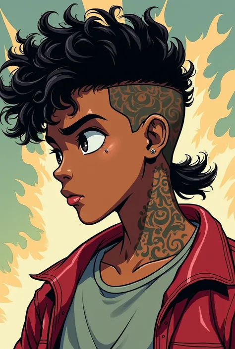  Create a curly-haired boy , Brown skin, tattoo on the side of the neck,  mullet haircut,  and a badboy expression on his face, In the spider-verse style drawing , and a piercing on the side of the lip  