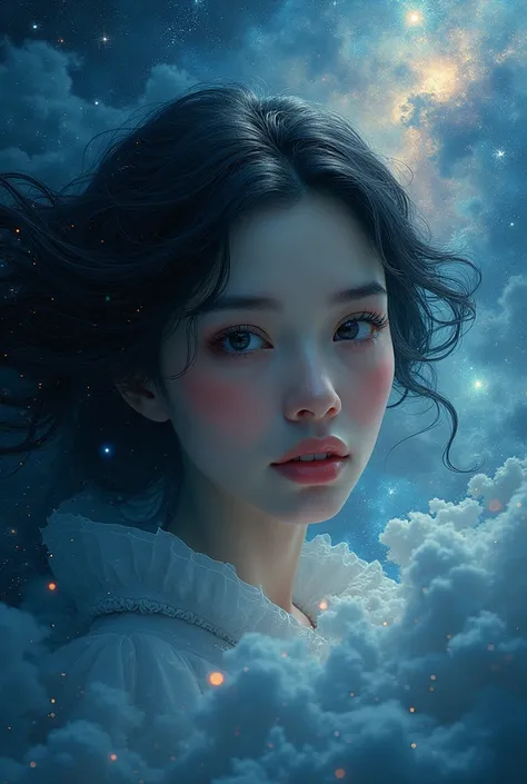 woman with long black hair,
a person with mysterious blue eyes, flying in the universe, golden light, blue light, mystical energy, magnificent cosmos, detailed face, detailed eyes, detailed lips, beautiful detailed eyes, beautiful detailed lips, extremely ...