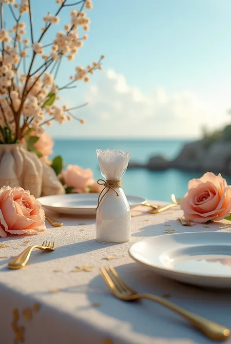 Salt packet, outdoors sea area,  well decorated table 