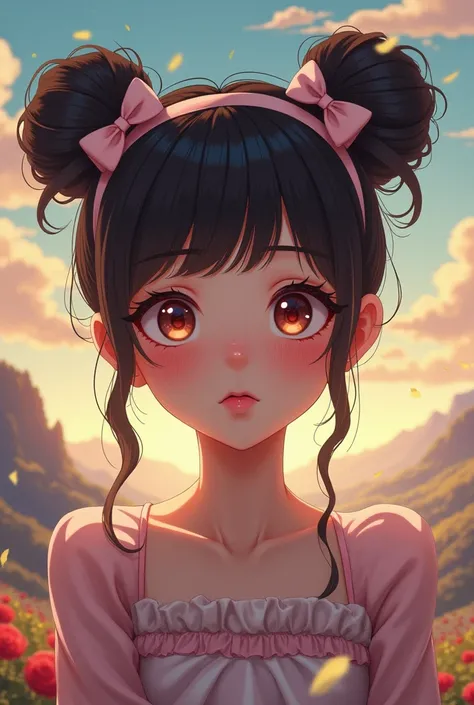 drill hair, curtained hair, hair bun, big hair, medium hair, bow hairband, heart-shaped pupils, raised eyebrows, smile, puckered lips, Surrealism, Renaissance, anime, anime style, cinematic lighting, depth of field, god rays, drop shadow, Fujicolor, first-...