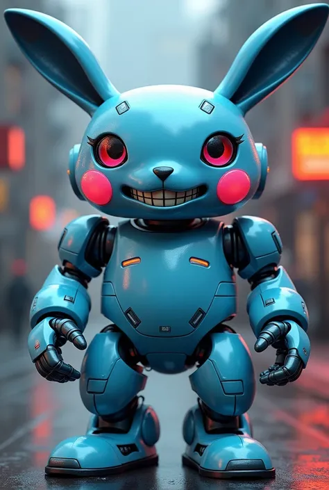 A large-bodied animatronic ,  the size of an average person ,  looking similar to a stylized and futuristic rabbit .  His design has a polished and shiny appearance ,  with main shades of blue in his sky blue body and secondary details in blue dark .  His ...