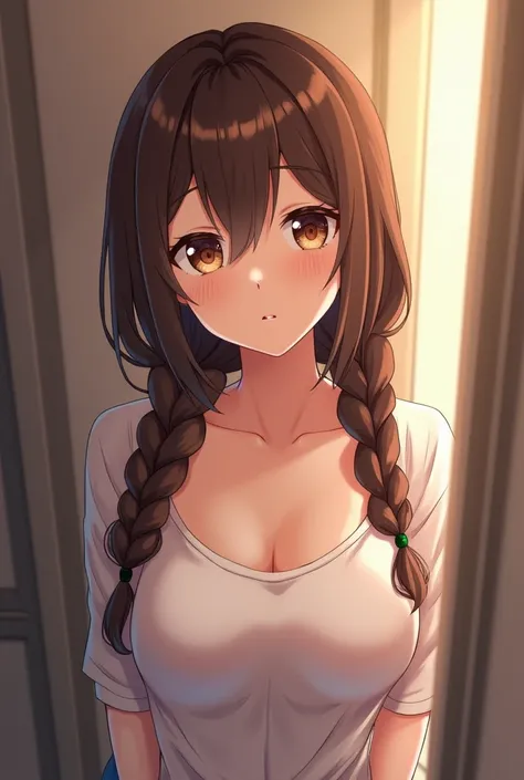 1 woman, pretty face , big brown eyes, one brown braids, See-through set, chest conspicuous ,mole under mouth, rest room background . (HD picture ,  high-resolution , best quality,  Masterpiece,  Detailed Image , HD orientation, High pixels,  Anime Style)L...