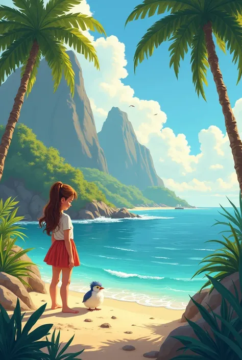 Image de couverture pour un livre qui a pour titre lîle des jouets . Limage comporte une île paradisiaque avec une fille et un petit oiseau 
