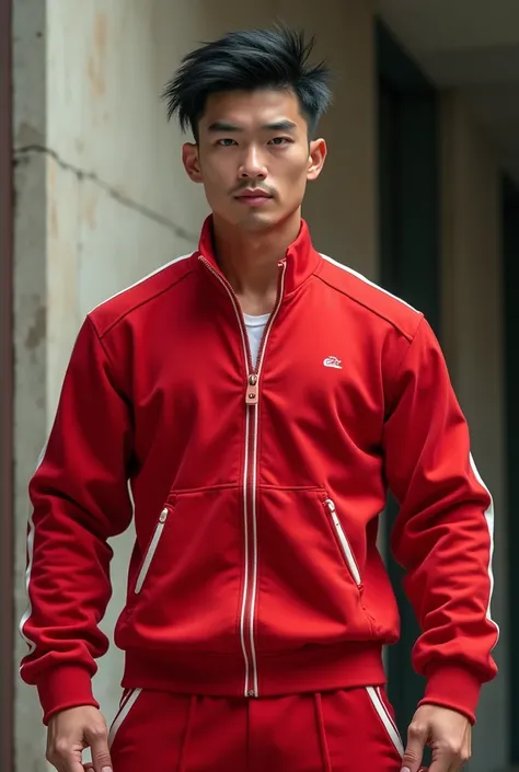  Male Chinese young, duże oczy, kwadratowa głowa, slanted eyes , czarne włosy, pulchny,  muscular red tracksuit , 