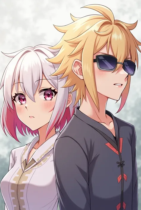 Aventurino and Topaz ,  from Honkai Star Rail ,  Aventurino is a blond boy with purple eyes his hair reaches his neck is not that short and he usually wears sunglasses,  Topaz is a girl with short white hair and red highlights and has heavenly eyes ,  dont...