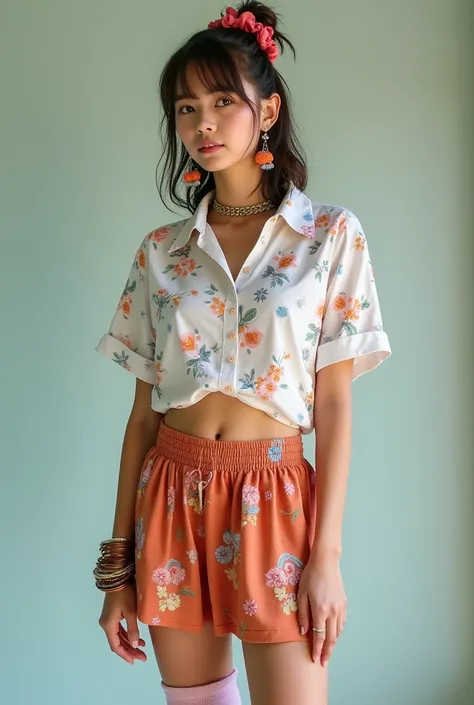 80s outfit for a 30 year old female, top is a cropped loose white collared button down blouse with patterns of petals in pastel colors of blue, pink and orange, bottom is a rust skort with floral pattern, then white sneakers, accessories such aa earrings, ...