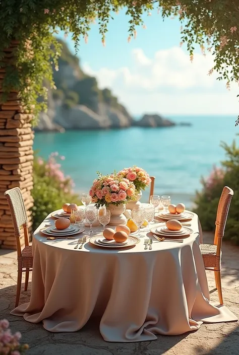 Large eggs, outdoors sea area,  well decorated table 