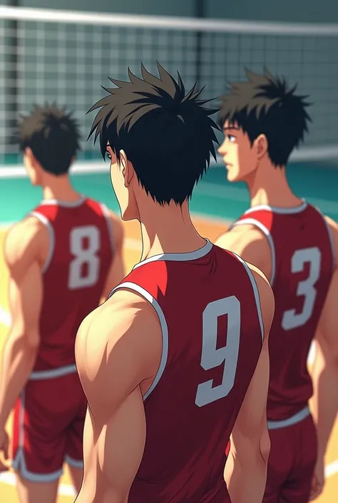 3 volleyball players 
Number 1 number 2 and number 3
With black hair and back view men
All back view(indoor volleyball) with shirts