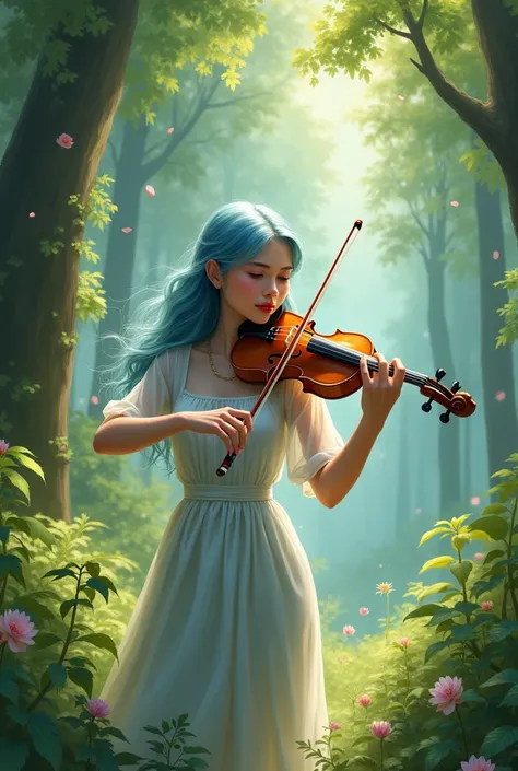 arafed image of a young woman, 18 years old with ligh blue hair, 
charlie bowater and artgeem, charlie bowater and artgerm, 
neoartcore and charlie bowater, charlie bowater and tom bagshaw, 
romance novel cover, artgerm and genzoman, she plays violin
style...