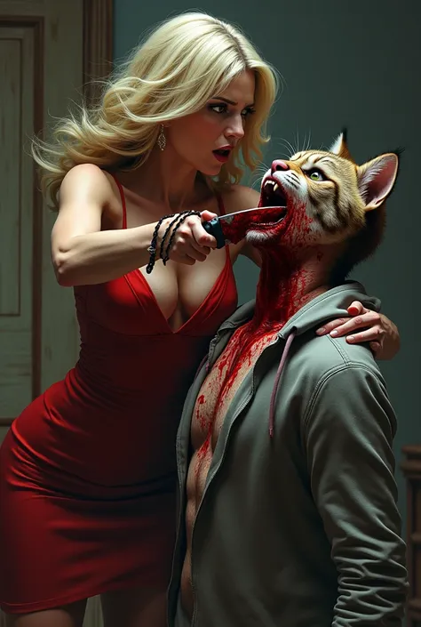 Hight resolution, Realistic, a very beautiful milf knife, cut throat a male, male face cat, neck bloody splash, neck slashed, throat contents, neck wide open at the cut, boy mouth blood splashing, male hoodie cat furry, male die, milf dress