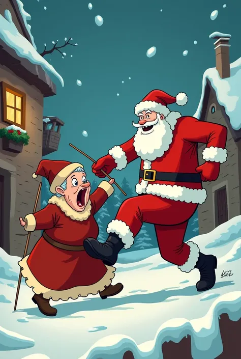 “Santa Claus kicking the Befana in the behind who is turned on her back 