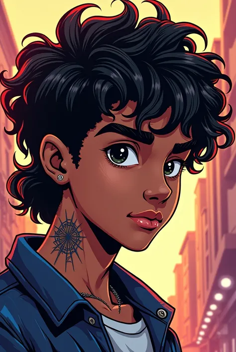  Create a curly-haired teenage boy, Brown skin,  ray tattoo on the side of the neck,  mullet haircut,  and a badboy expression on his face, In the spider-verse style drawing 