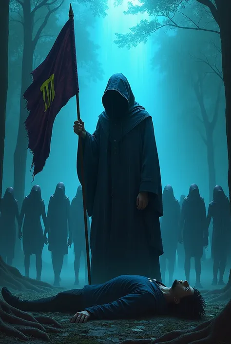 A guy in a hoodie written Sheik holding a flag with the word TM with a man on the floor  a forest behind full of xenomorph the blue sky the ground full of feet and raining