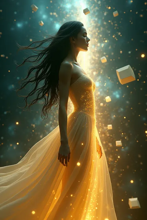 get inspired by the virtual world and the movie matrix, and make a woman with long black hair, with golden light, a soul leaving her body, mystical energy, golden and blue aura, stellar universe, 3D cubes in the background of the scene, futuristic energy ,...