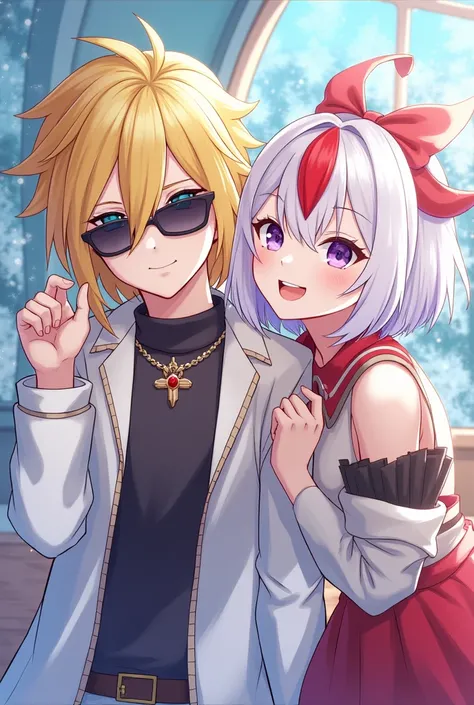 Aventurino and Topaz ,  from Honkai Star Rail , Aventurino is a blond boy with purple eyes, his hair is up to his neck, its not that short, but so little its too short and he usually wears sunglasses.,  Topaz is a girl with short white hair and red highlig...