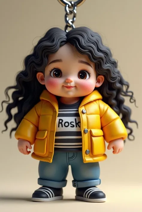 3D caricature of a chubby girl, key chain. High-quality realistic photo, and there is the name "Rocky" in 3D letter style, embossed and realistic, in black yellow, indium white and black, curly Long Hair, 