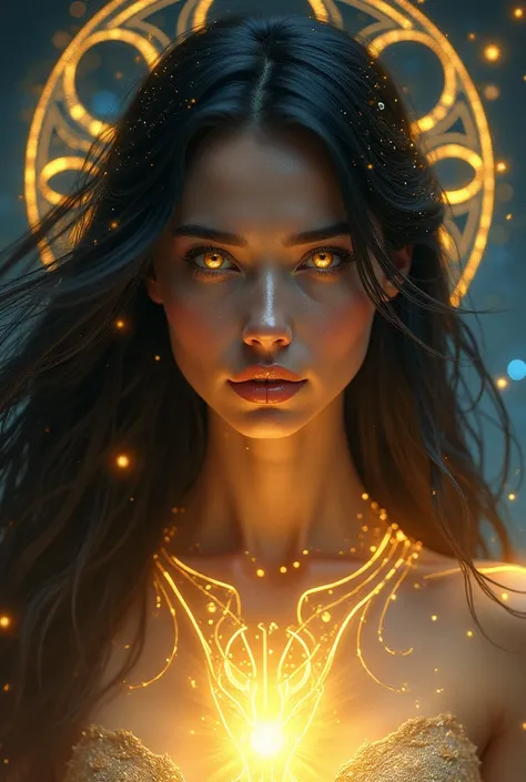 a woman with black hair, golden eyes, golden lights coming out of her body, lots of golden and blue light, in the background there is a universe full of stars and geometric symbols, extremely detailed face, beautiful detailed eyes, beautiful detailed lips,...