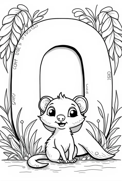 Cartoon line drawing of a baby Quati,  black and white image,  coloring book with fun backgrounds showing an entire capital letter Q of the alphabet in the capital letter in block on the background,  JUNGLE BOTTOM,   , well-defined lines.