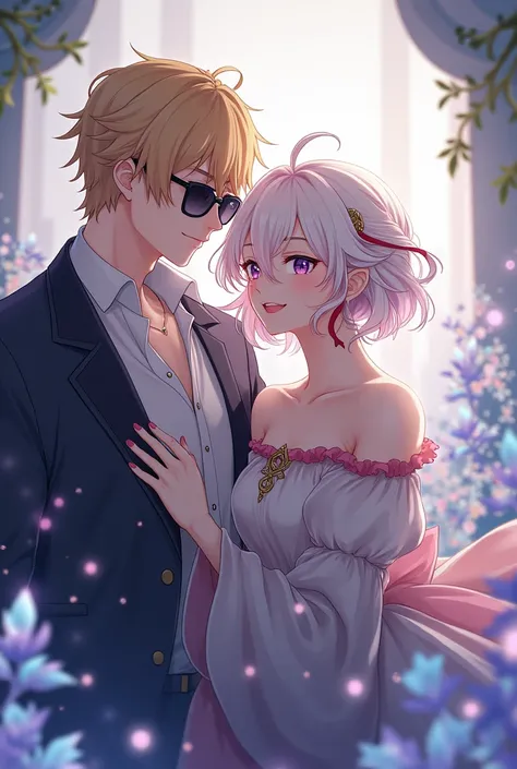 Aventurino and Topaz ,  from Honkai Star Rail , Aventurino is a blond boy with purple eyes, his hair is up to his neck, its not that short, but so little its too short and he usually wears sunglasses.,  Topaz is a girl with short white hair and red highlig...