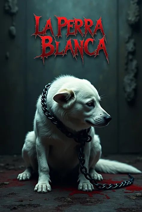  A white dog is tied with thick, dark chains on a black or dark gray background,  with textures that recall the aesthetics of metallic music .  At the top , The logo "La Perra Blanca "  is written in large, dark letters ,  with a style that recalls the typ...