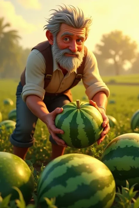 Animated Farmer picking watermelons carefully,  noticed it like a treasure, a warm light hit their faces . cinematic, Drama, lighting -  aspek rasio 9:16