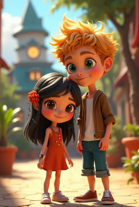  two people Pixar mode the boy (Rubio de Rizos , green eyes,high) The girl (Dark hair , long straight hair,  brown eyes  ,Tender smile)
