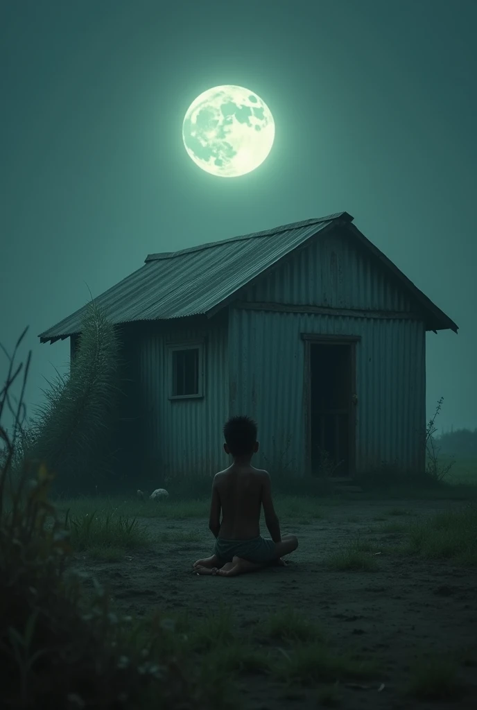 "In a vast, dark void, a lone tin house stands quietly under the luminous glow of a full moon. The pale light bathes the surroundings, revealing a surreal yet serene scene. Slowly inching towards the house is a large caterpillar, its detailed form glisteni...