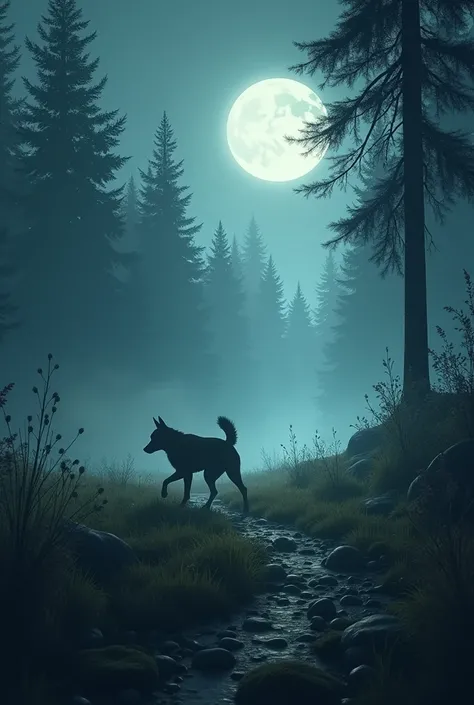 Max wandering in a moonlit field, nose to the ground. A faint glow in the distance catches his attention. The scene transitions to him entering a dense, shadowy forest with tall trees, following a shimmering light.